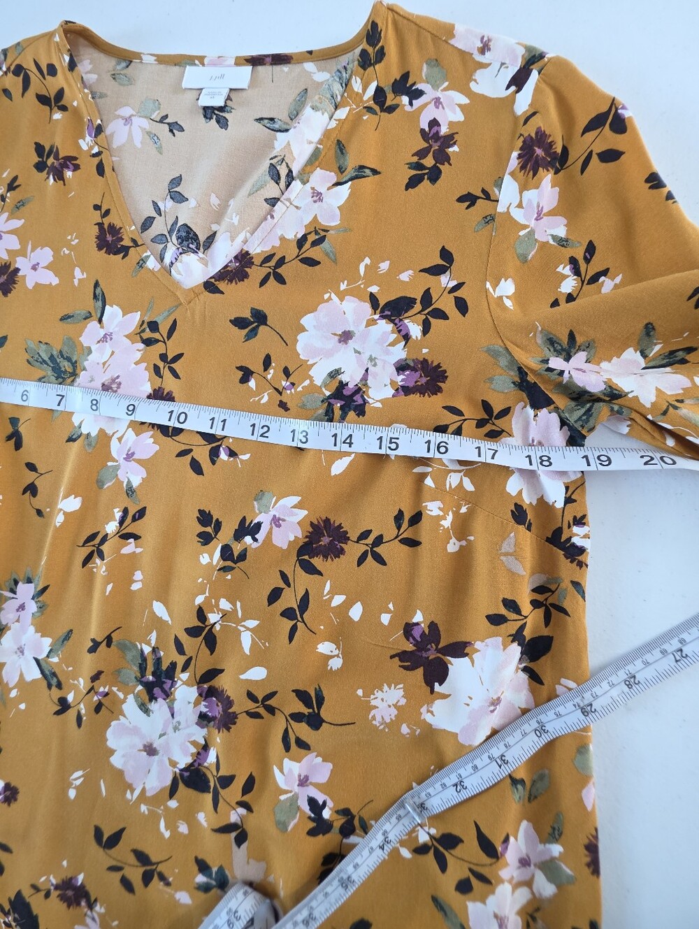 J.Jill Floral Tunic Top Women XS Mustard Yellow V Neck Bell Sleeve Rayon - Picture 8 of 10